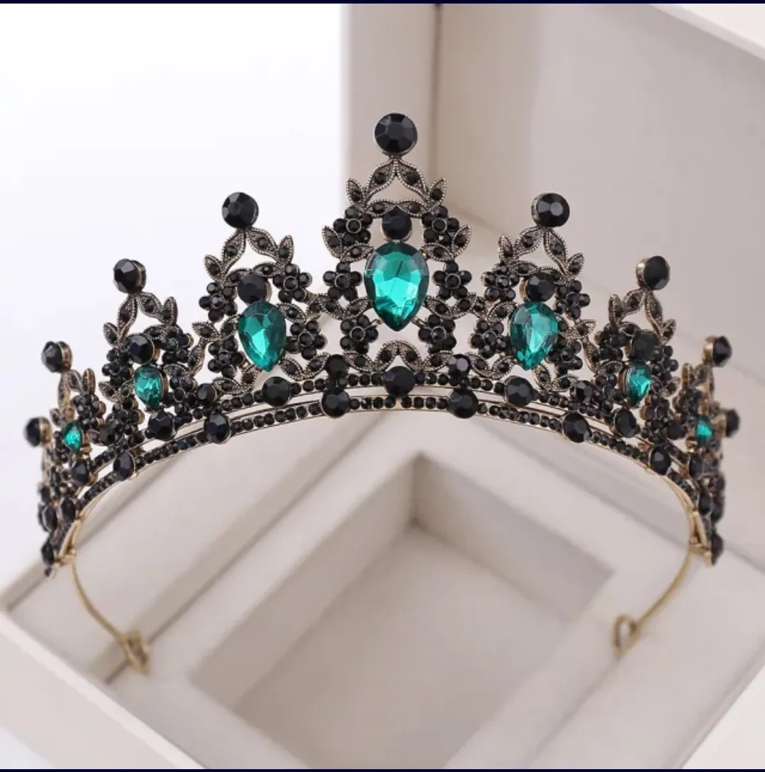 Black Emerald Green Vintage Baroque Princess Crowns Dark Goth Evil Queen diadem