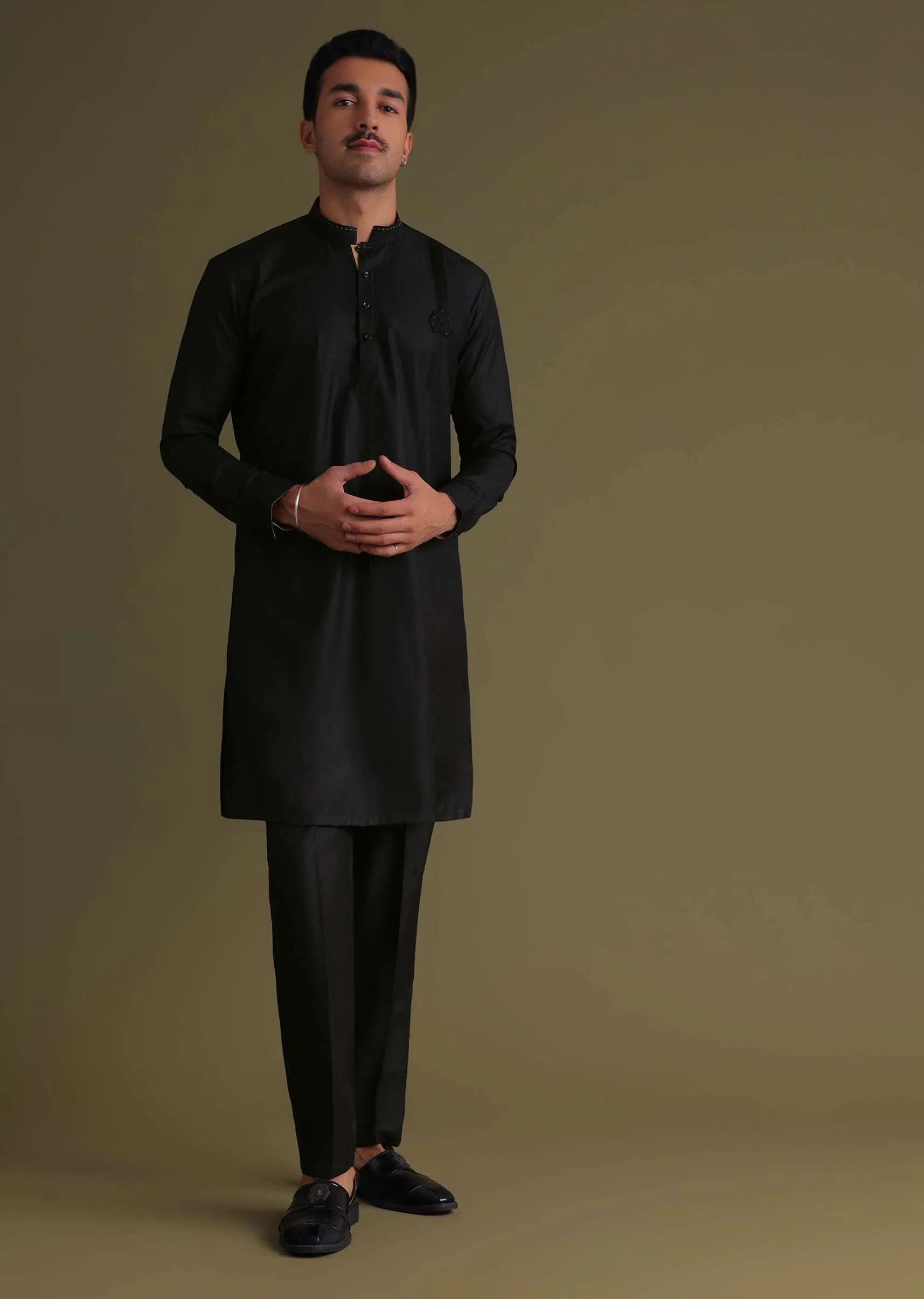 Black Pathani Kurta Set In Terry Rayon With Embroidery