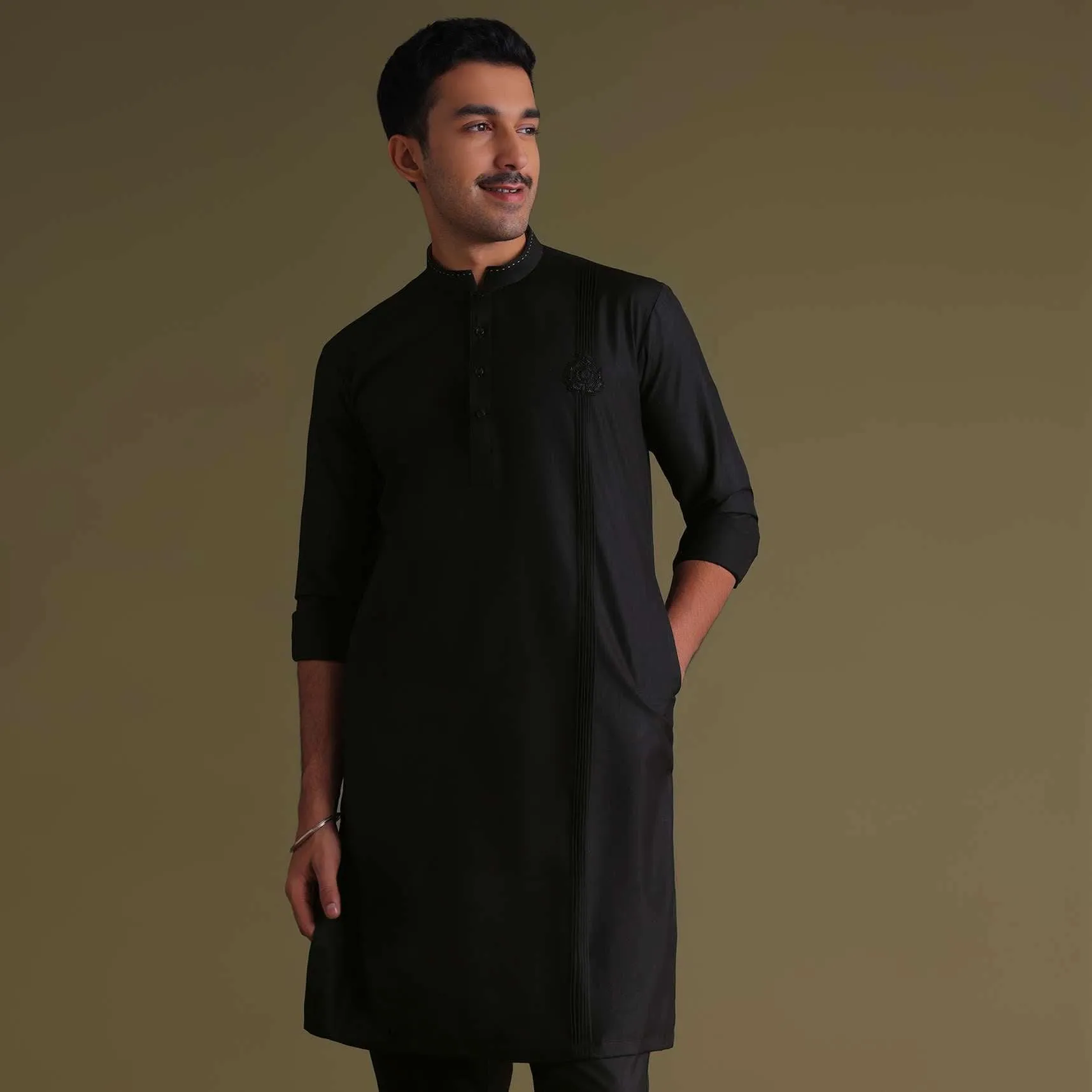 Black Pathani Kurta Set In Terry Rayon With Embroidery