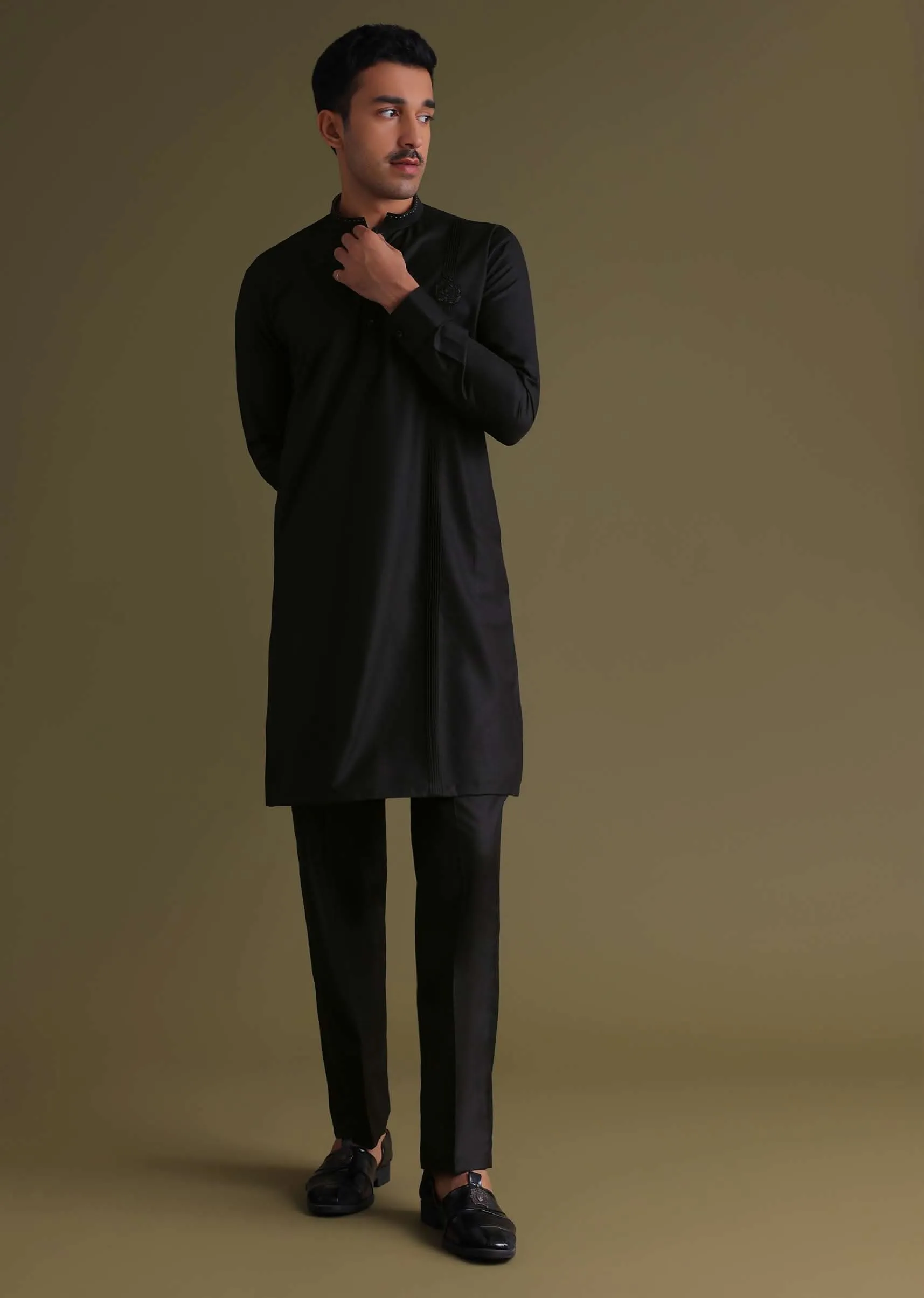 Black Pathani Kurta Set In Terry Rayon With Embroidery