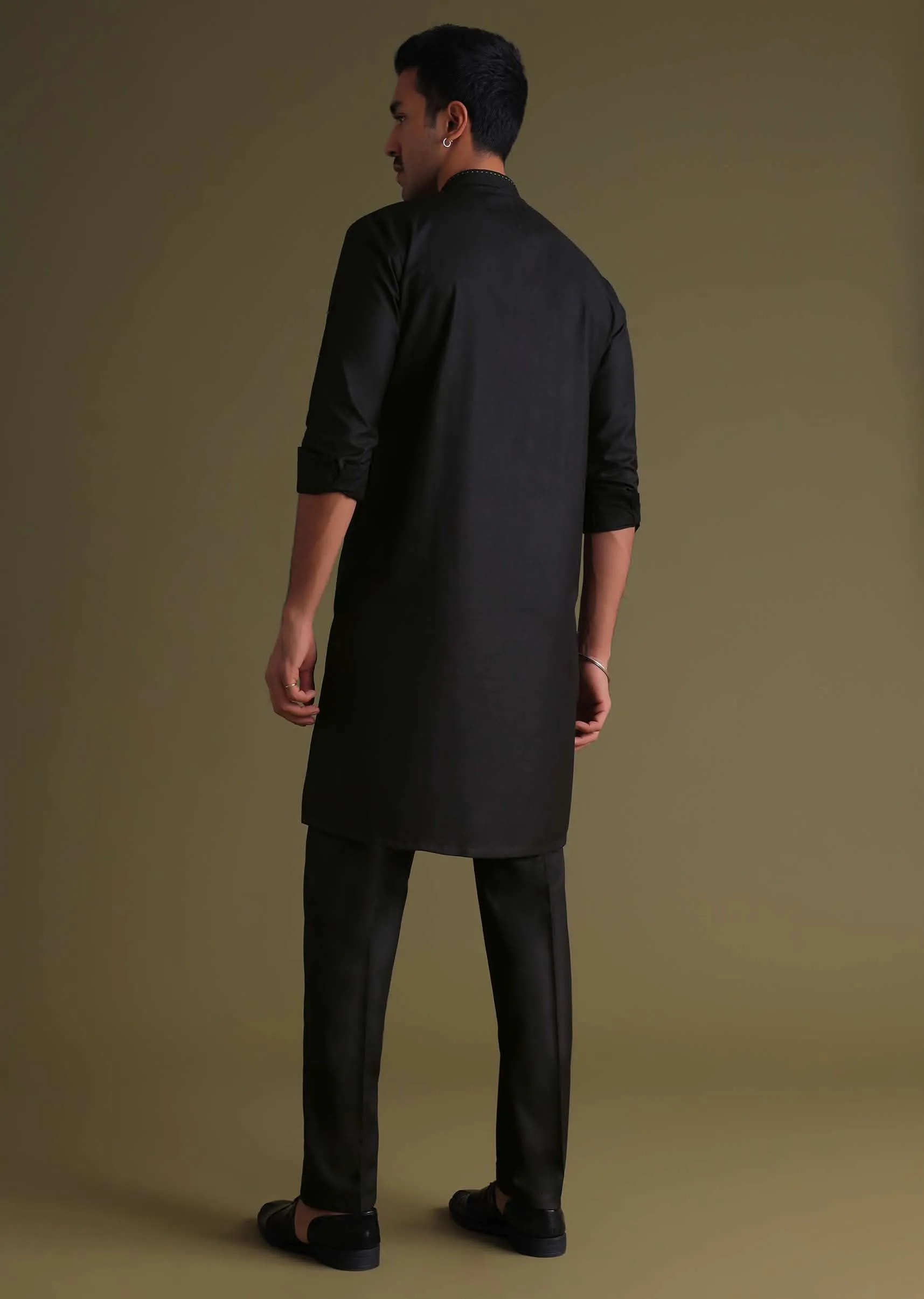 Black Pathani Kurta Set In Terry Rayon With Embroidery