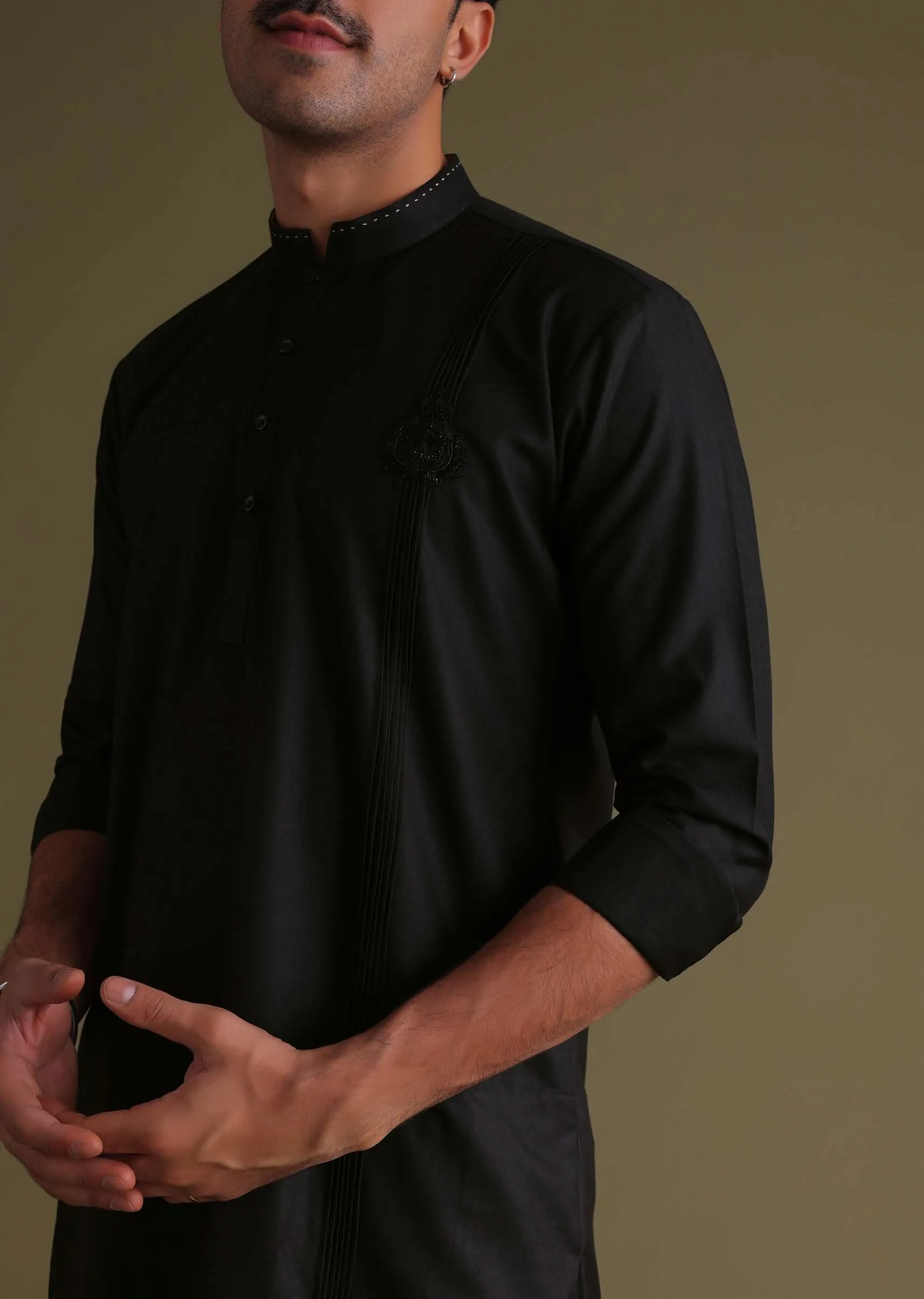 Black Pathani Kurta Set In Terry Rayon With Embroidery