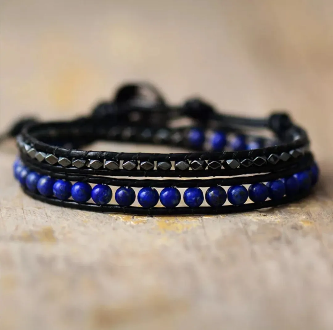 Blue Lapis Lazuli and Gunmetal Hematite 2X Leather Wrap Bracelet - For Him or Her
