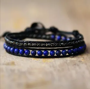 Blue Lapis Lazuli and Gunmetal Hematite 2X Leather Wrap Bracelet - For Him or Her