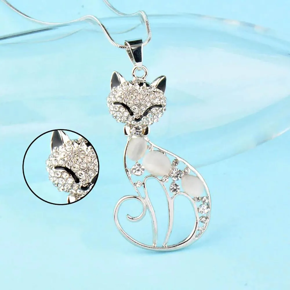 Chic Bejeweled Cat Long Statement Necklace