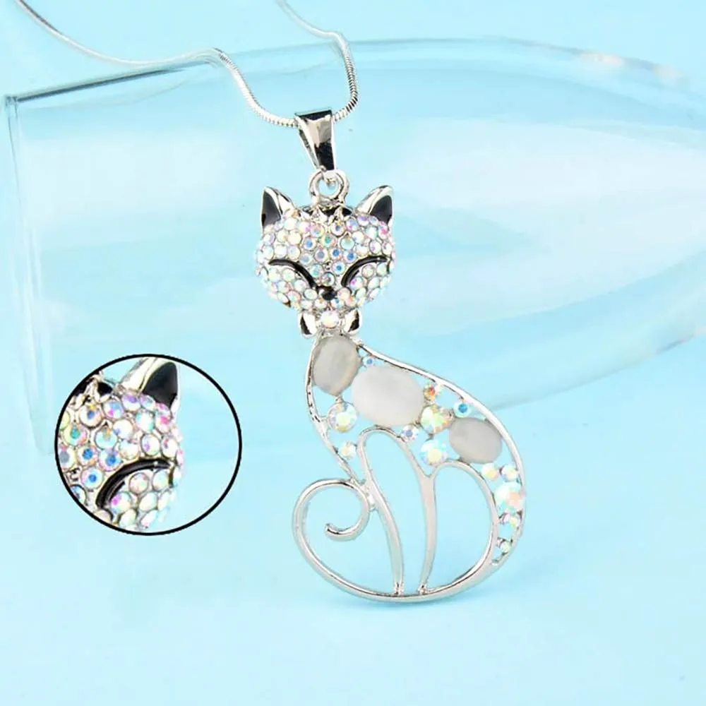 Chic Bejeweled Cat Long Statement Necklace