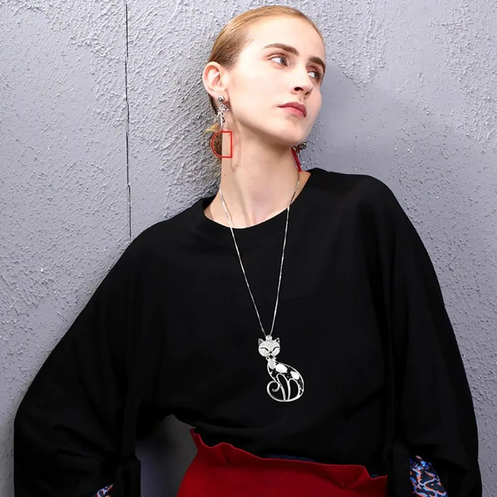 Chic Bejeweled Cat Long Statement Necklace