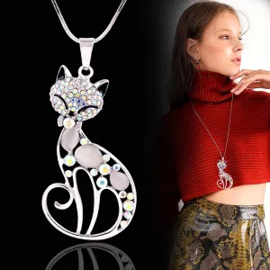 Chic Bejeweled Cat Long Statement Necklace