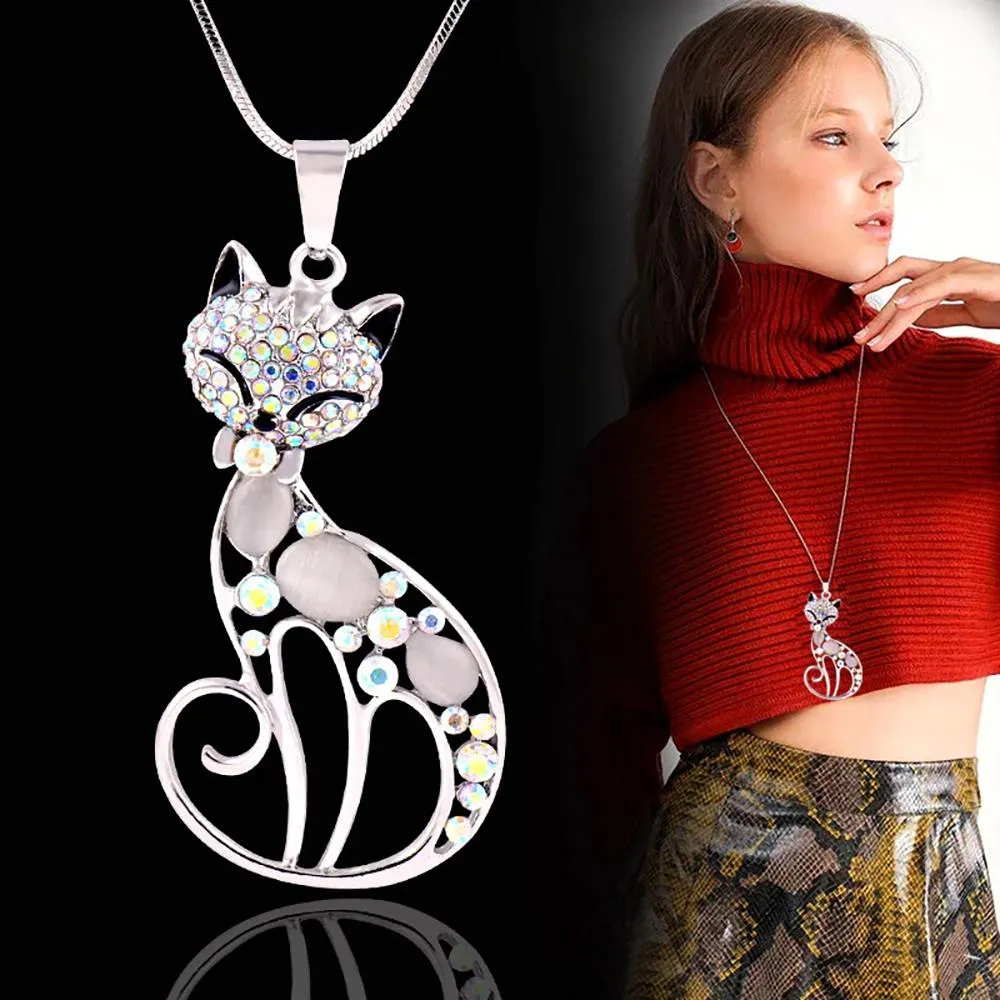 Chic Bejeweled Cat Long Statement Necklace