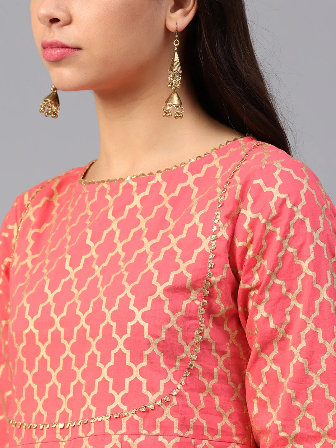 Coral Pink And Golden Printed Kurta With Palazzos.
