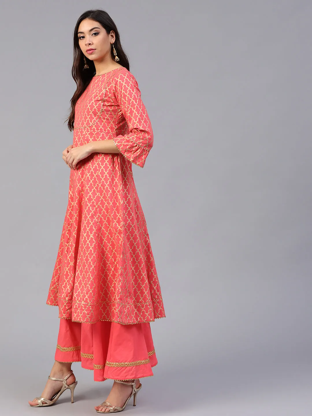 Coral Pink And Golden Printed Kurta With Palazzos.