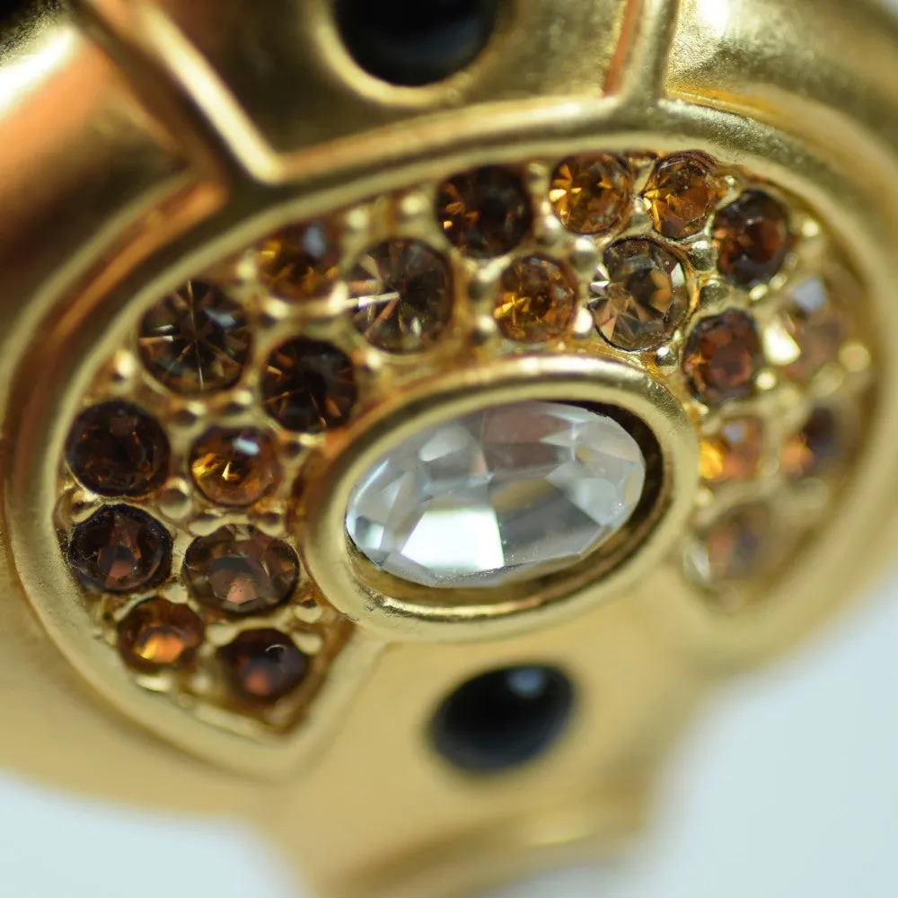 Costume Gold Tone Clip On Earrings with Black, Amber, and White Stones