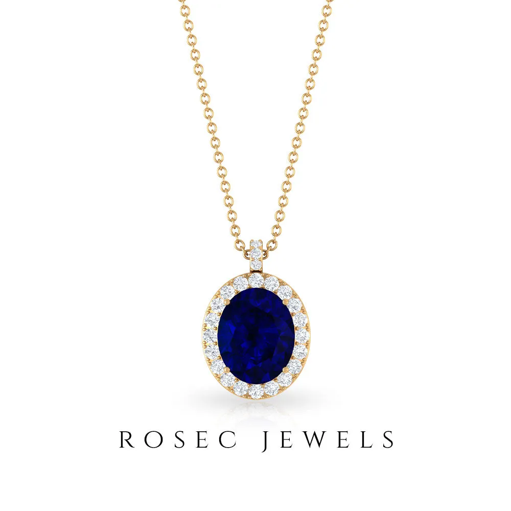 Created Blue Sapphire Oval Halo Pendant with Diamond
