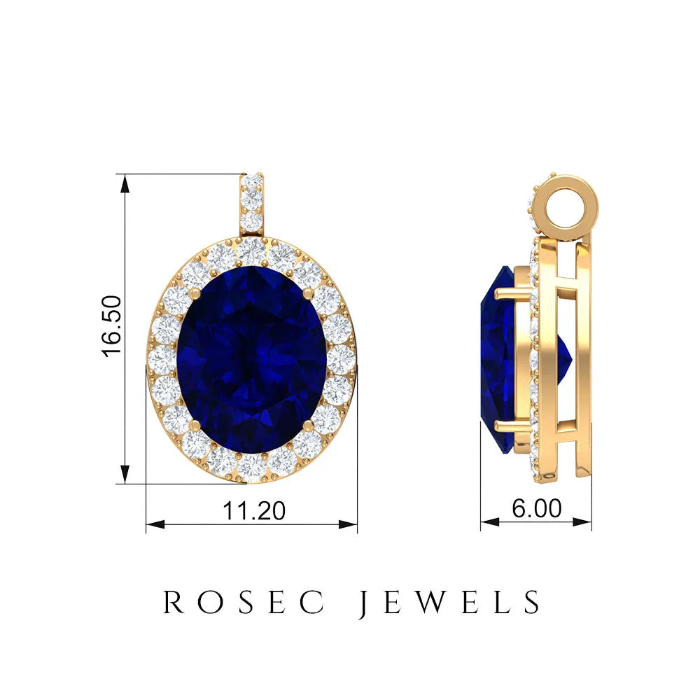 Created Blue Sapphire Oval Halo Pendant with Diamond