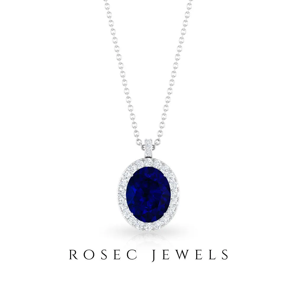 Created Blue Sapphire Oval Halo Pendant with Diamond