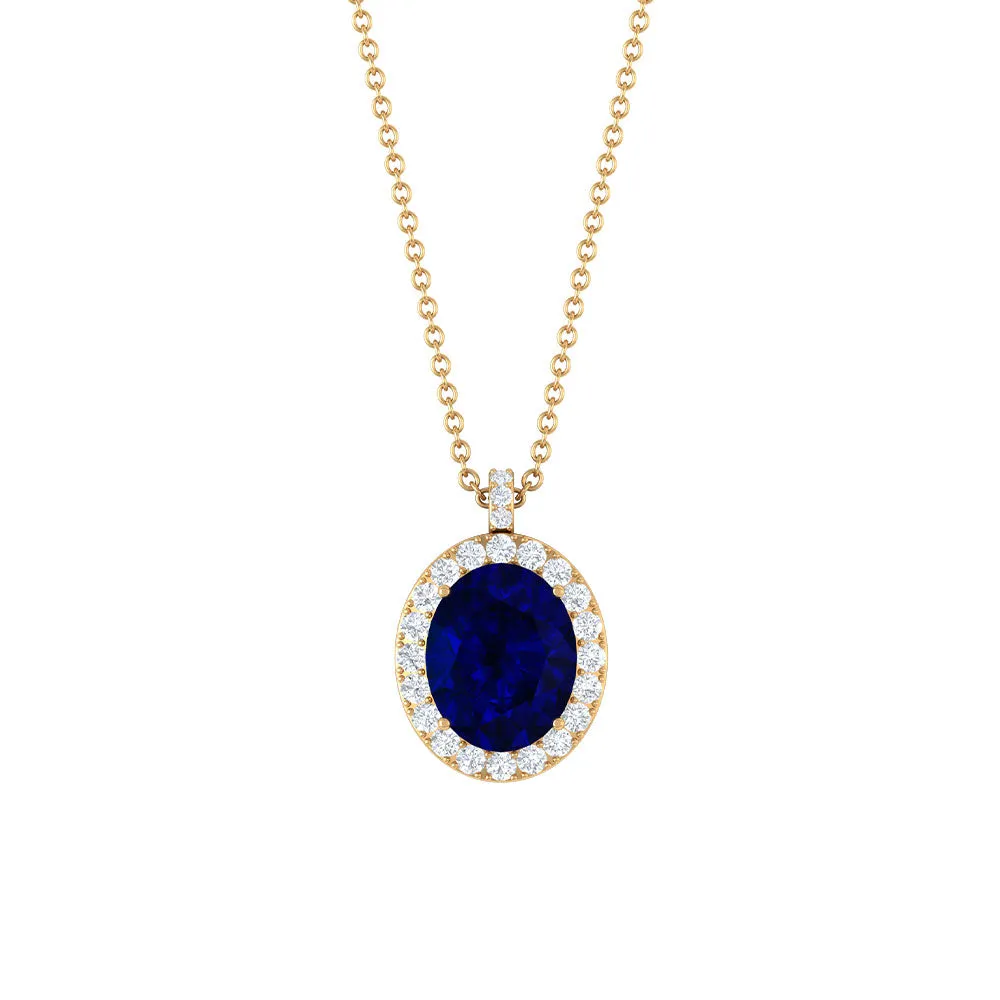 Created Blue Sapphire Oval Halo Pendant with Diamond