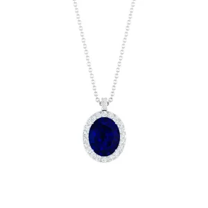 Created Blue Sapphire Oval Halo Pendant with Diamond