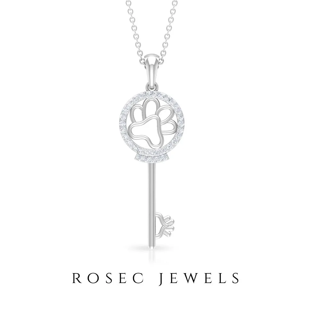 Cubic Zirconia Key Pendant Necklace with Paw Design