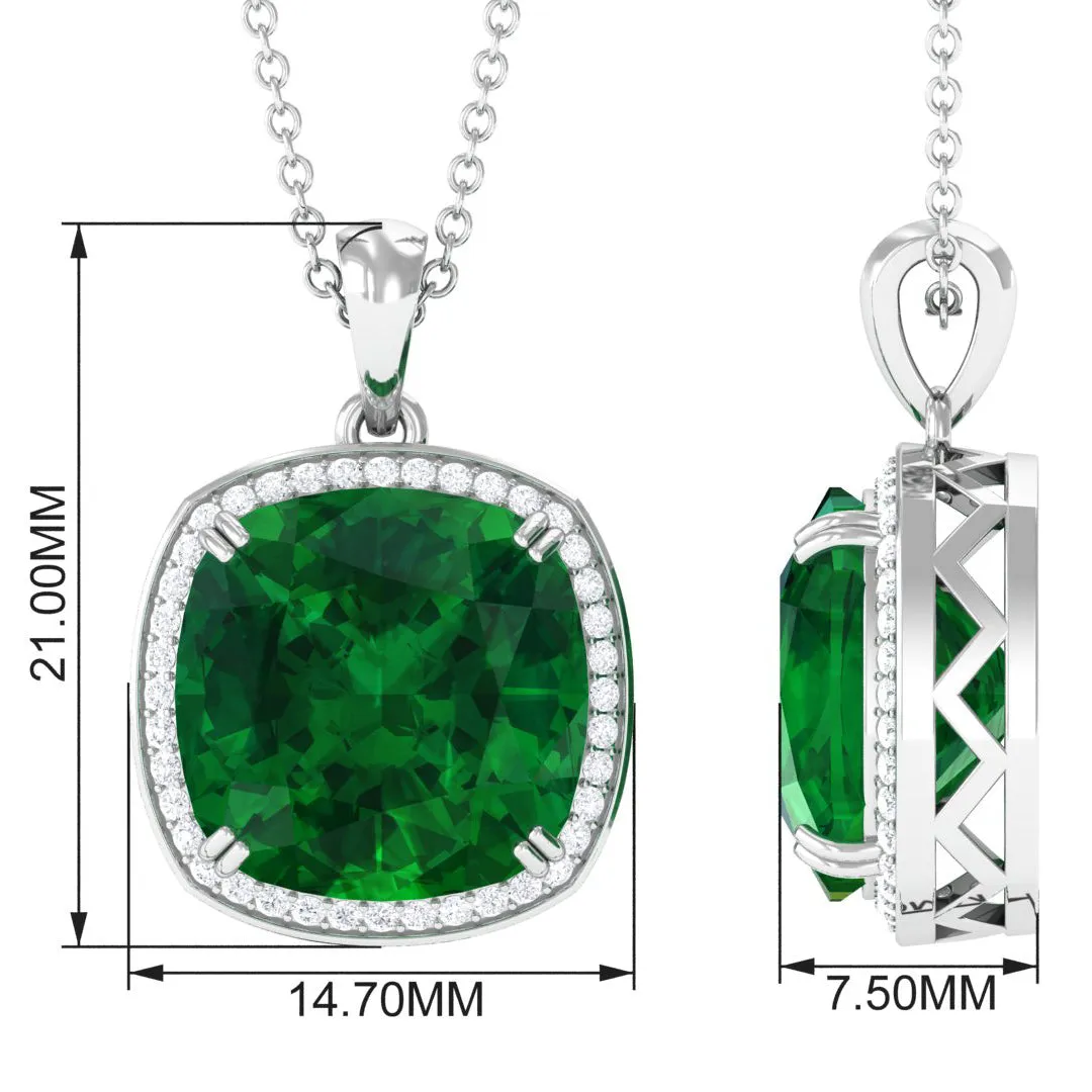 Cushion Cut Created Emerald and Moissanite Halo Pendant Necklace