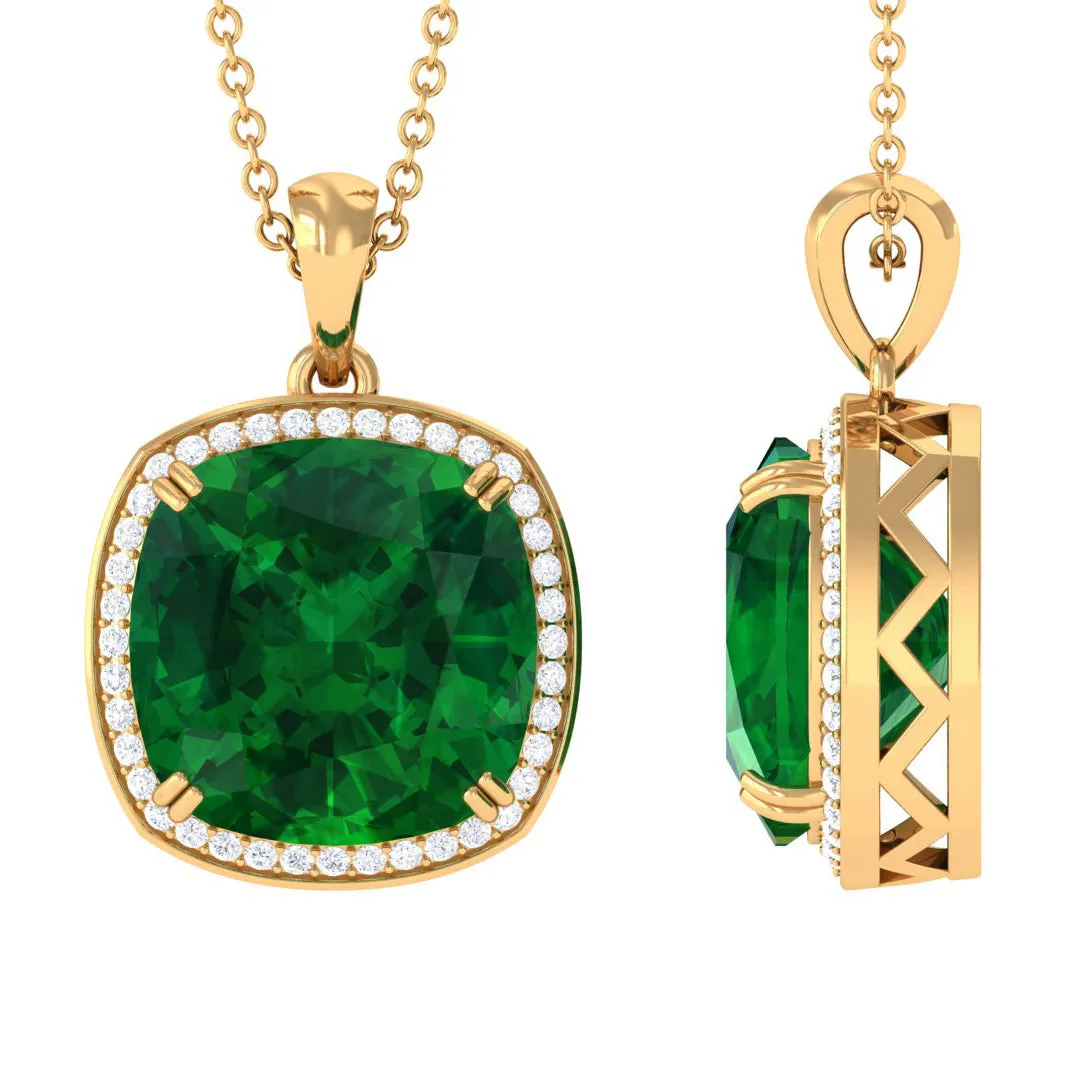 Cushion Cut Created Emerald and Moissanite Halo Pendant Necklace