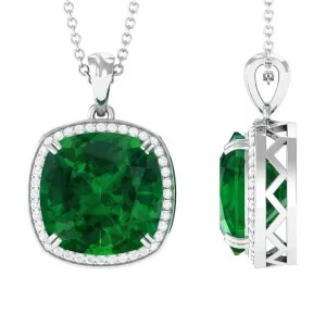 Cushion Cut Created Emerald and Moissanite Halo Pendant Necklace