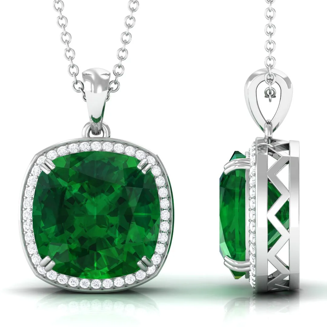 Cushion Cut Created Emerald and Moissanite Halo Pendant Necklace