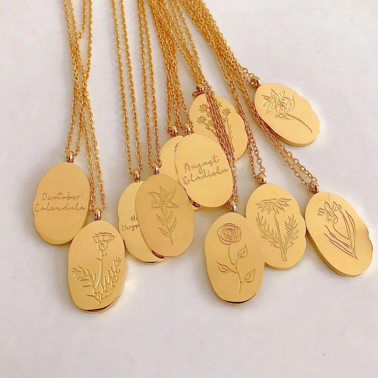 Dainty Oval Birth Flower Necklace