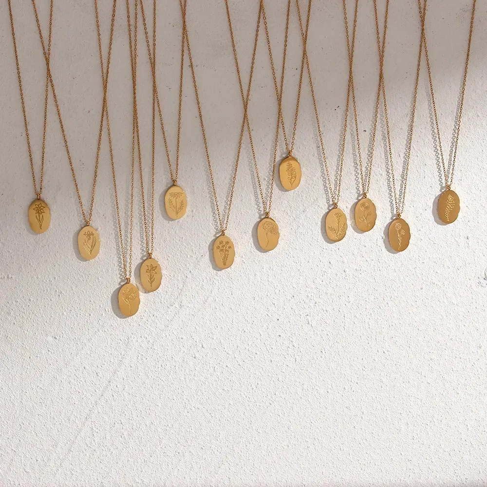 Dainty Oval Birth Flower Necklace
