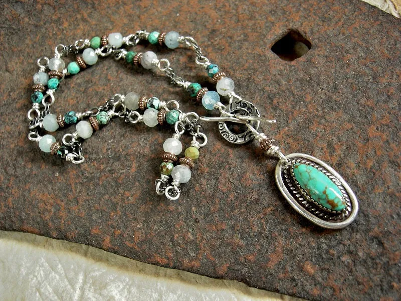 Delicate Blues Necklace, Aquamarine, Turquoise, Sterling Wrapped Links
