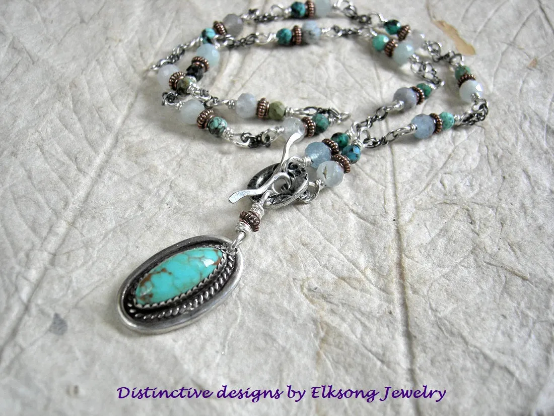 Delicate Blues Necklace, Aquamarine, Turquoise, Sterling Wrapped Links