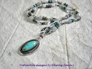 Delicate Blues Necklace, Aquamarine, Turquoise, Sterling Wrapped Links
