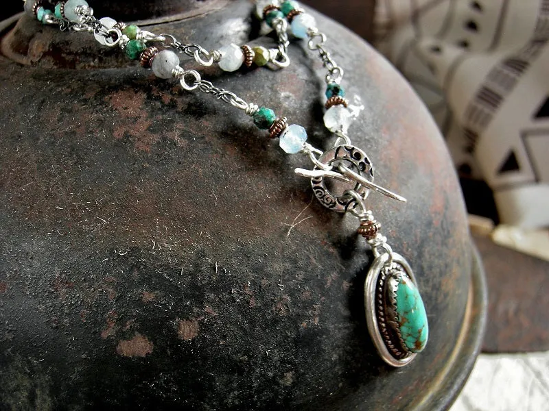 Delicate Blues Necklace, Aquamarine, Turquoise, Sterling Wrapped Links