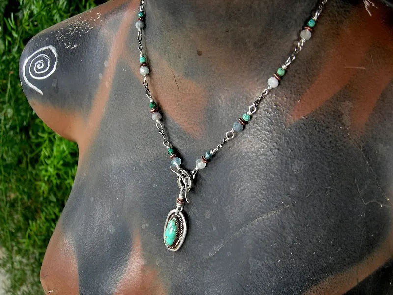 Delicate Blues Necklace, Aquamarine, Turquoise, Sterling Wrapped Links