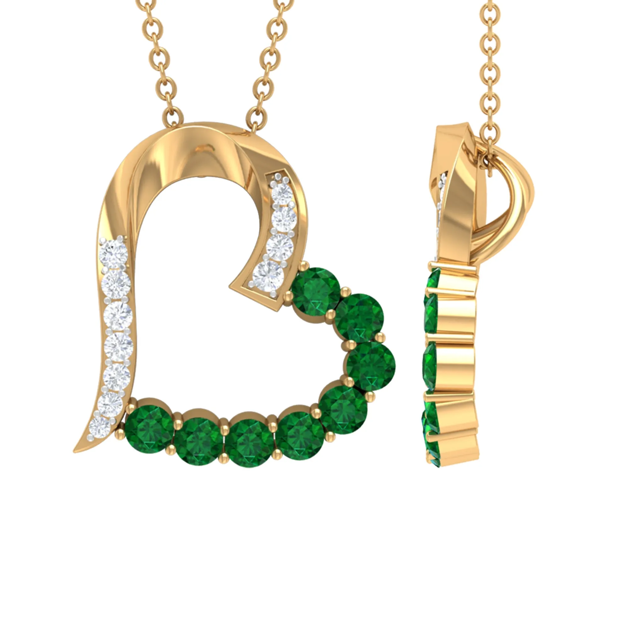 Emerald and Diamond Open Heart Pendant Necklace