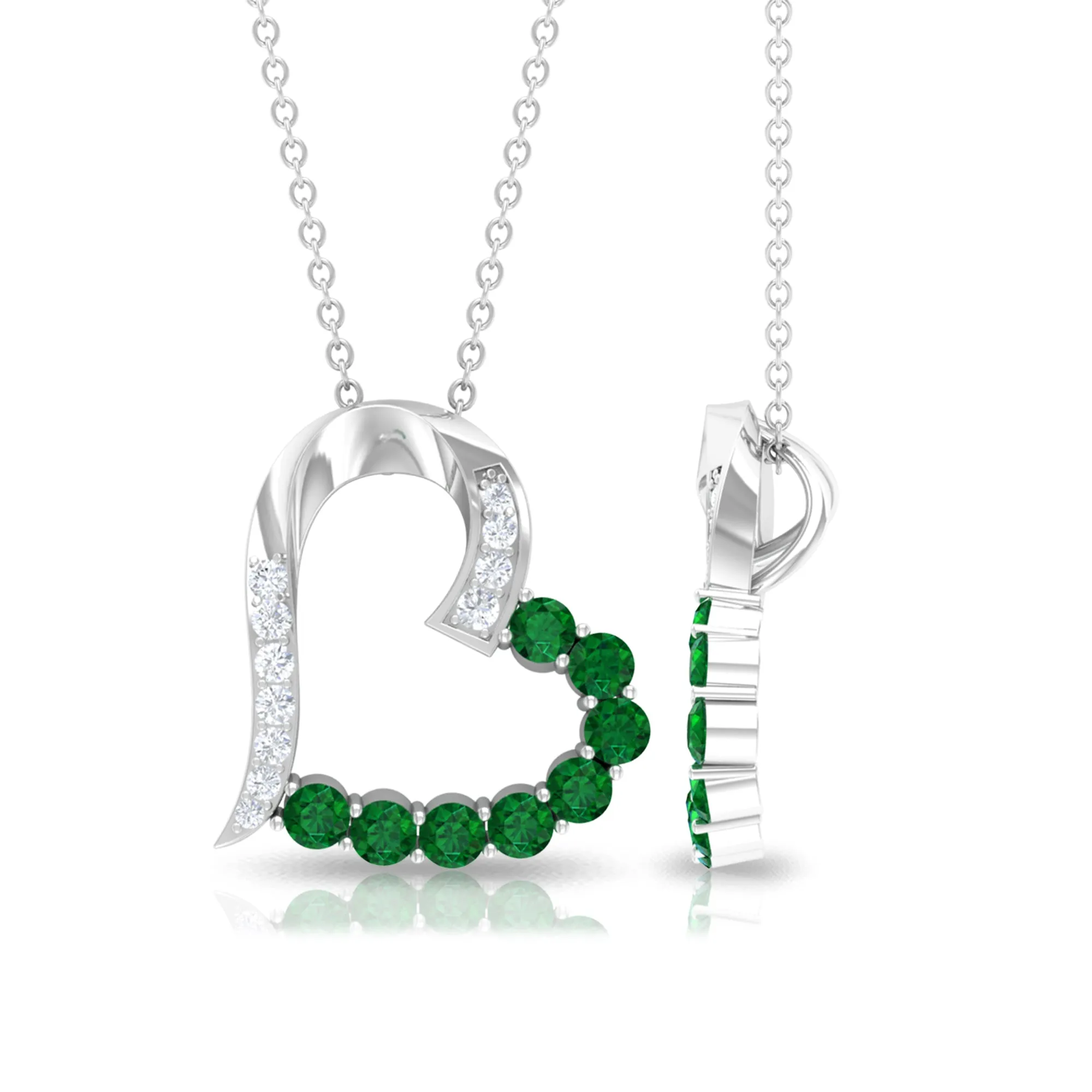 Emerald and Diamond Open Heart Pendant Necklace
