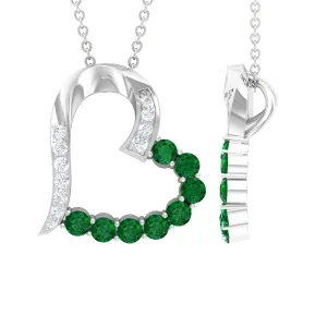 Emerald and Diamond Open Heart Pendant Necklace