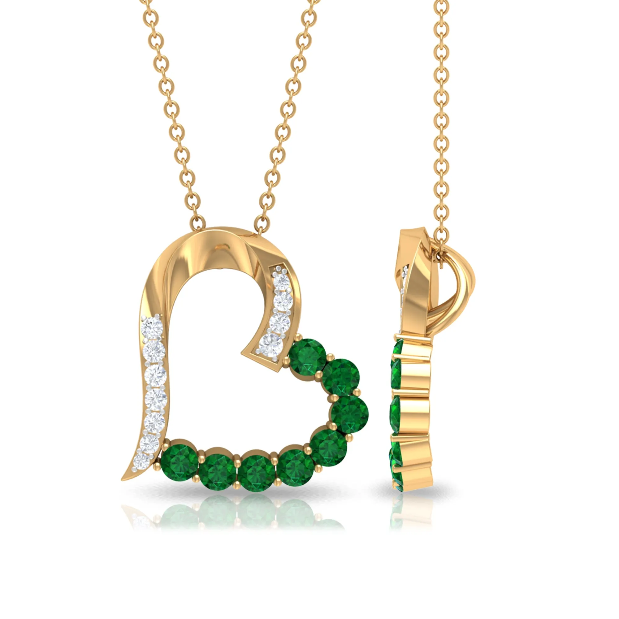Emerald and Diamond Open Heart Pendant Necklace