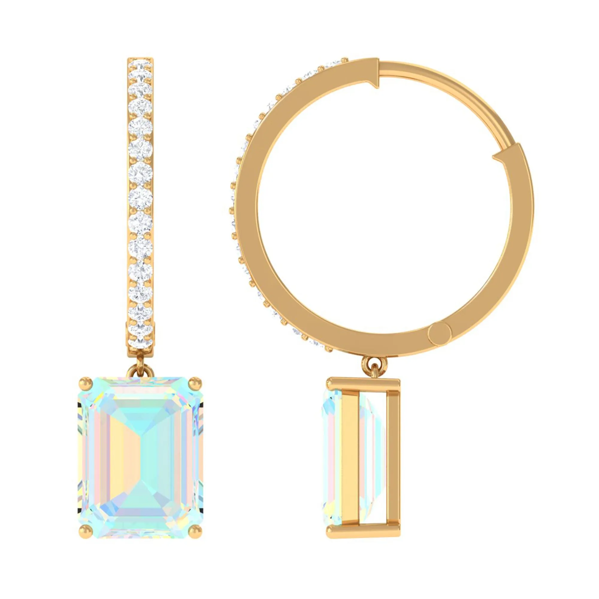 Emerald Cut Ethiopian Opal Minimal Hinged Hoop Drop Earrings with Moissanite
