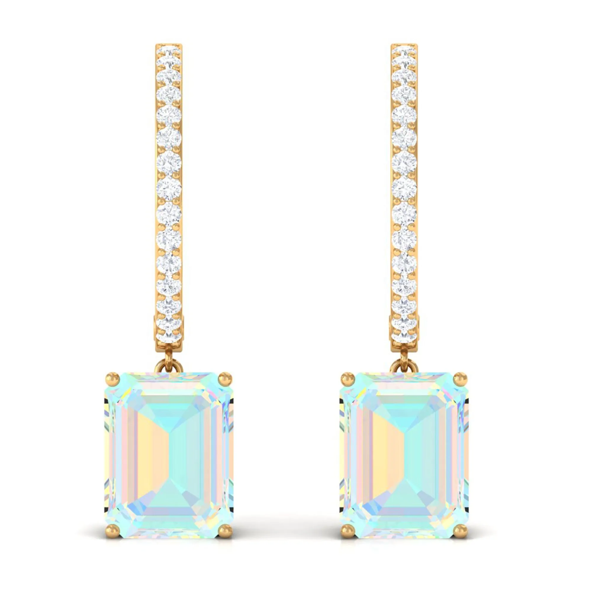 Emerald Cut Ethiopian Opal Minimal Hinged Hoop Drop Earrings with Moissanite