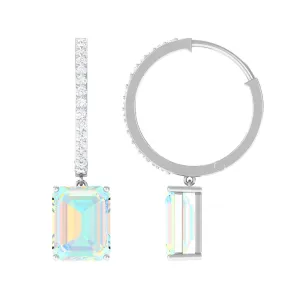 Emerald Cut Ethiopian Opal Minimal Hinged Hoop Drop Earrings with Moissanite