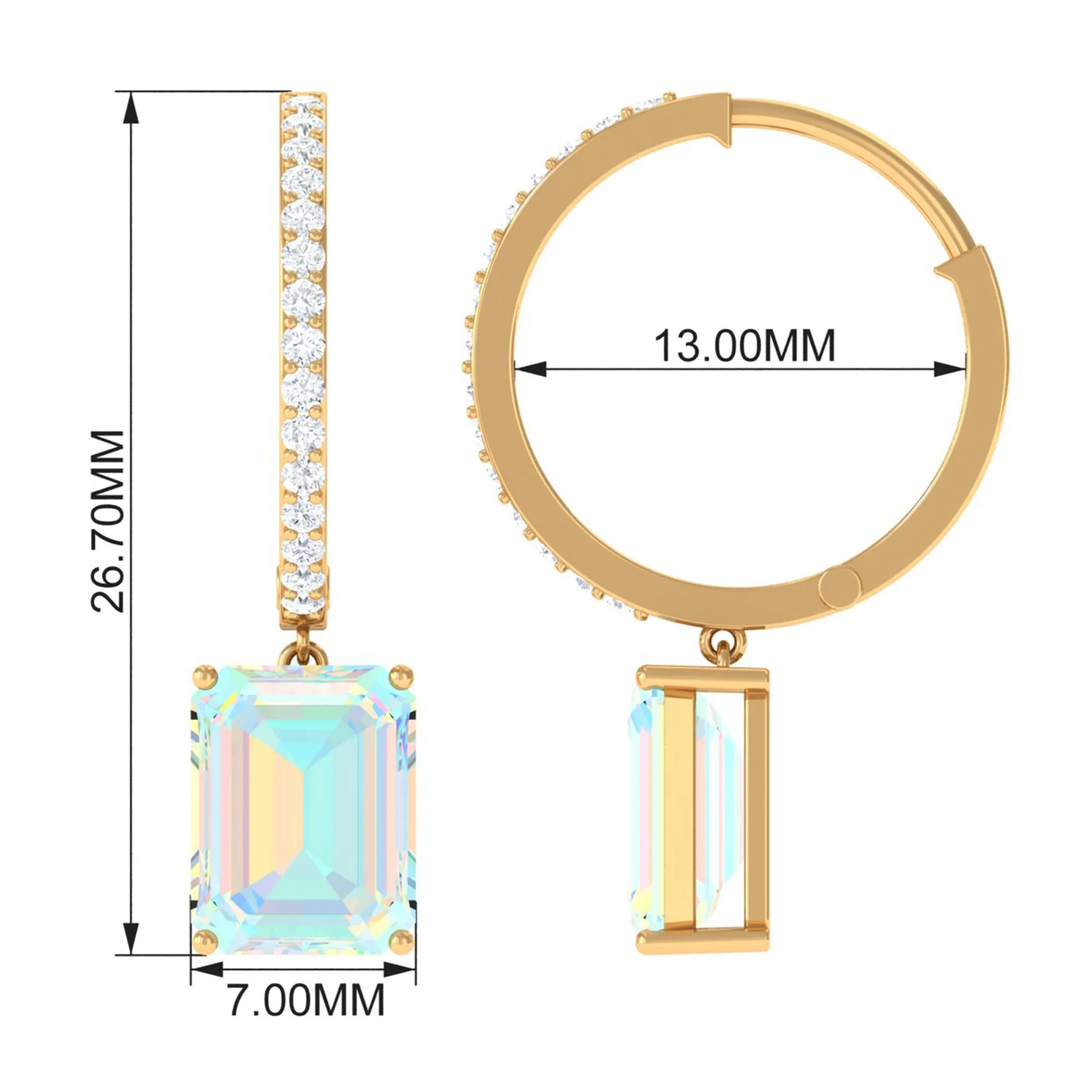 Emerald Cut Ethiopian Opal Minimal Hinged Hoop Drop Earrings with Moissanite