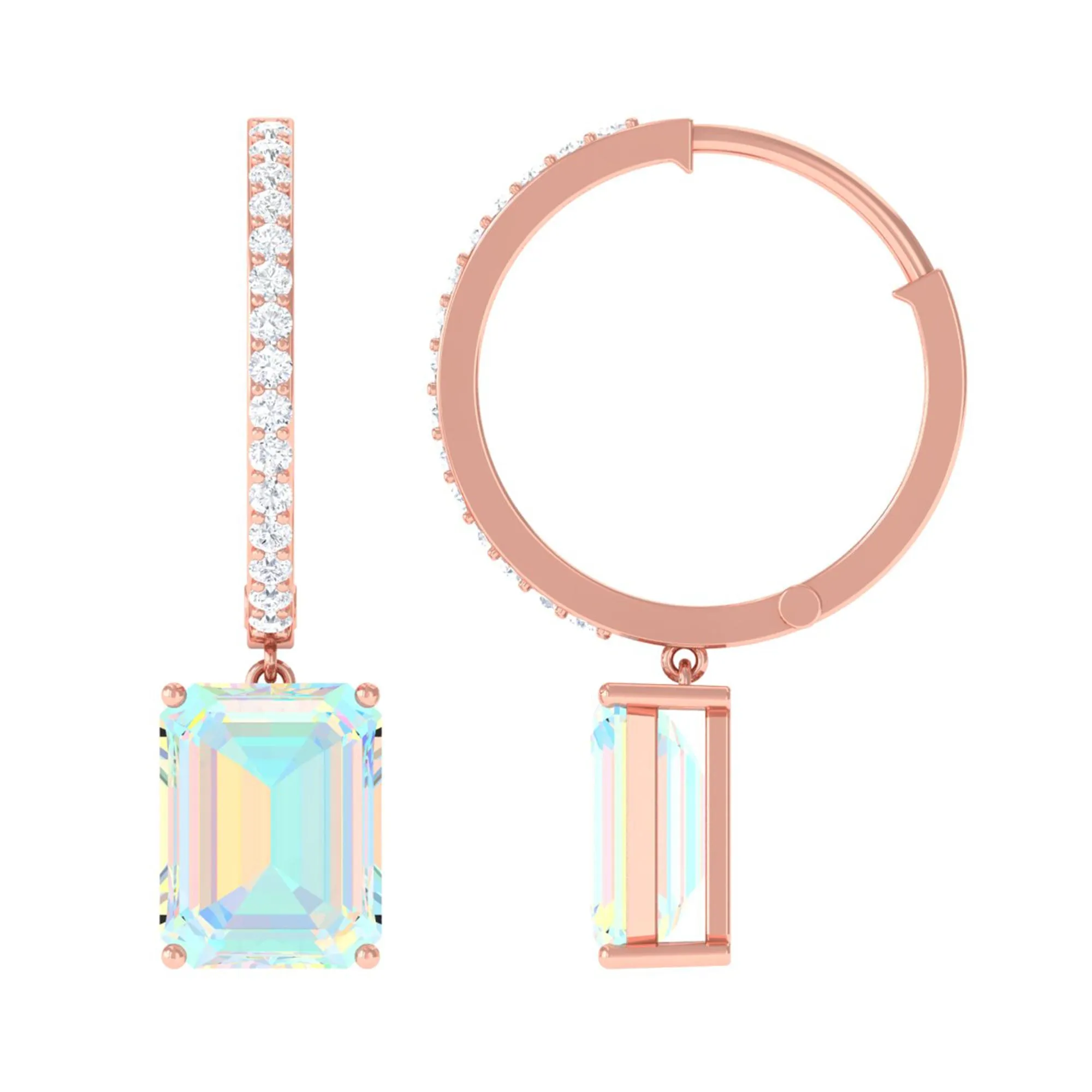 Emerald Cut Ethiopian Opal Minimal Hinged Hoop Drop Earrings with Moissanite