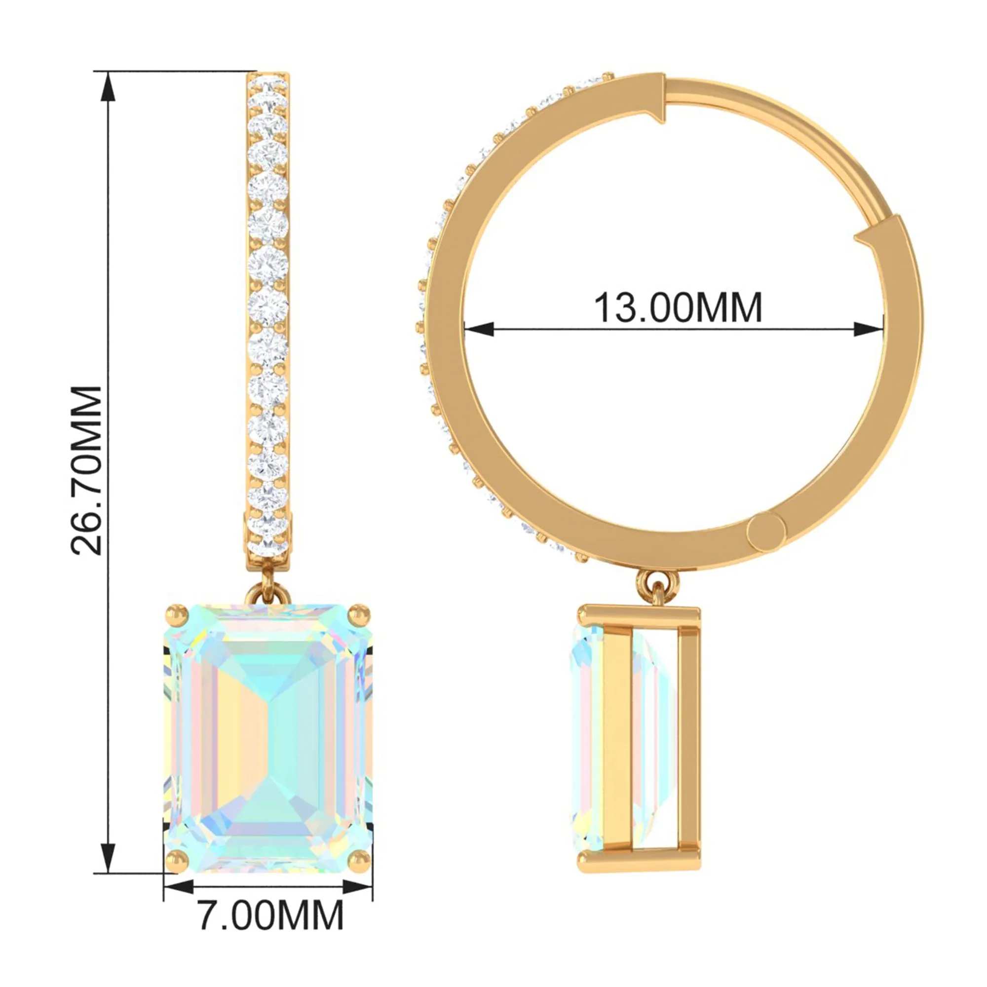 Emerald Cut Ethiopian Opal Minimal Hinged Hoop Drop Earrings with Moissanite