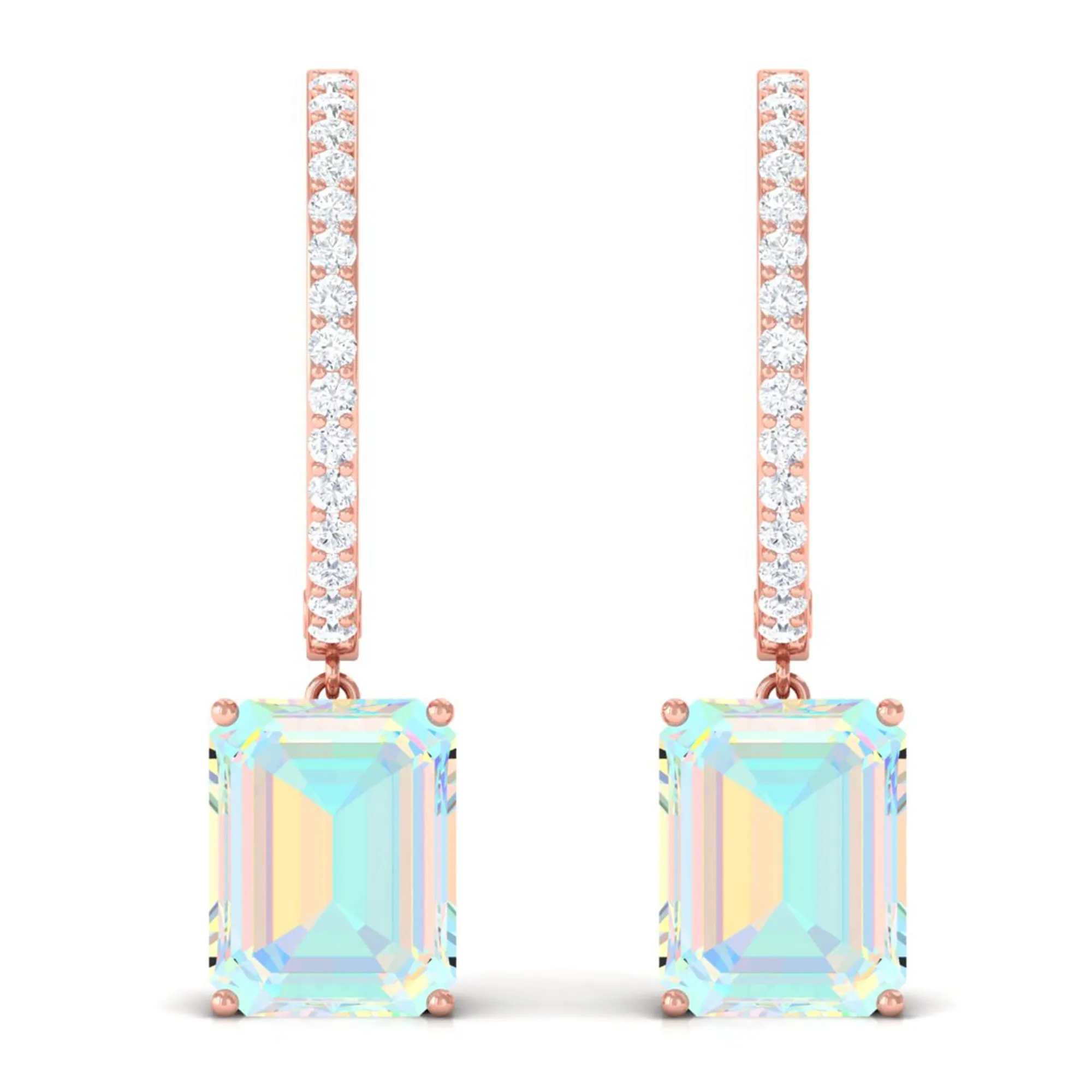Emerald Cut Ethiopian Opal Minimal Hinged Hoop Drop Earrings with Moissanite