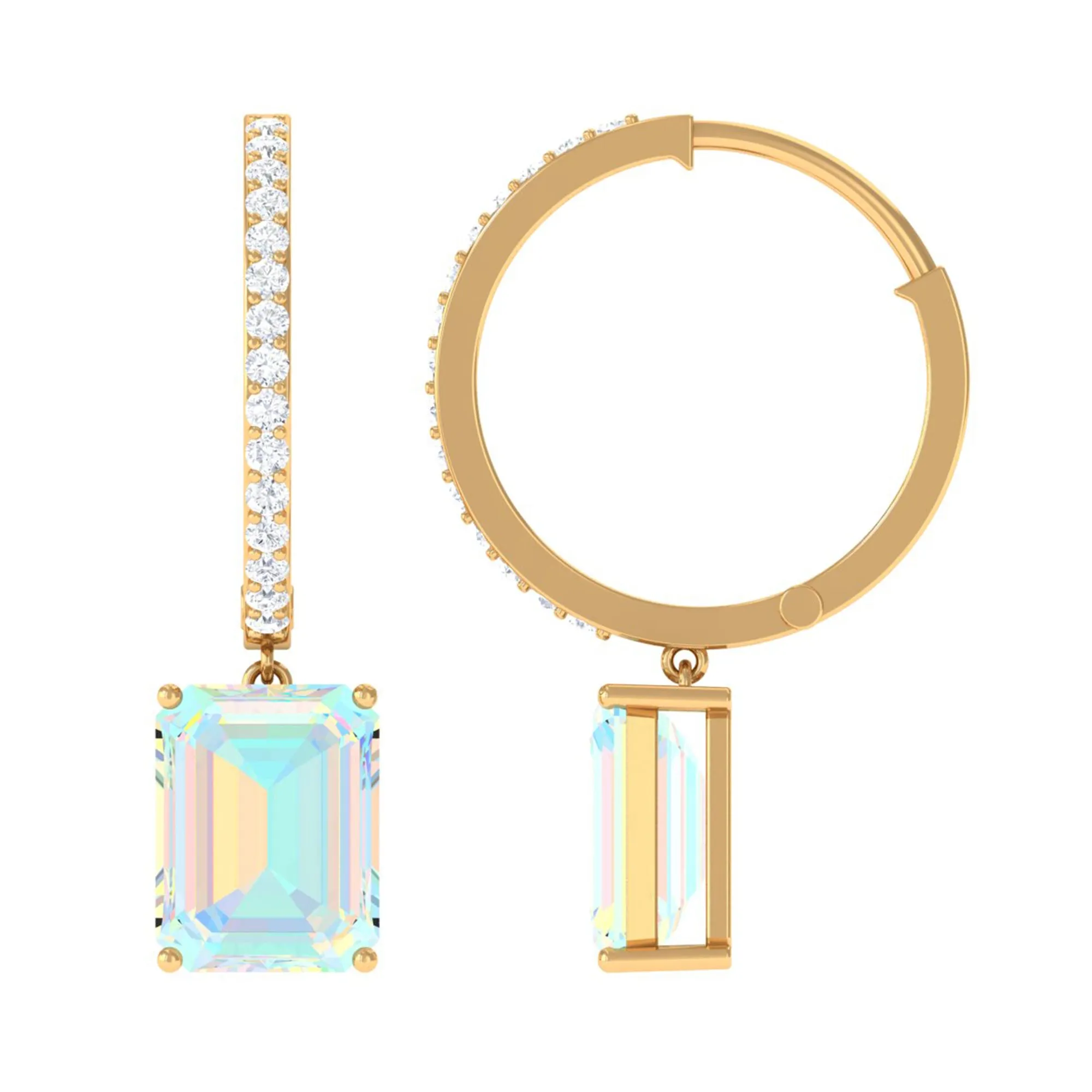 Emerald Cut Ethiopian Opal Minimal Hinged Hoop Drop Earrings with Moissanite