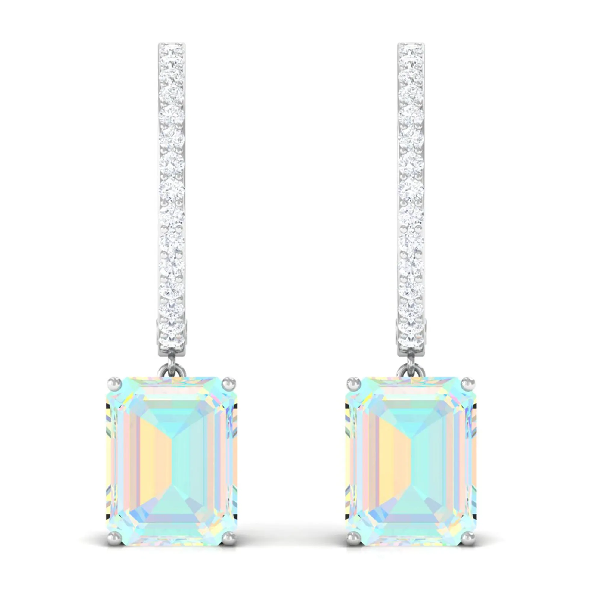 Emerald Cut Ethiopian Opal Minimal Hinged Hoop Drop Earrings with Moissanite