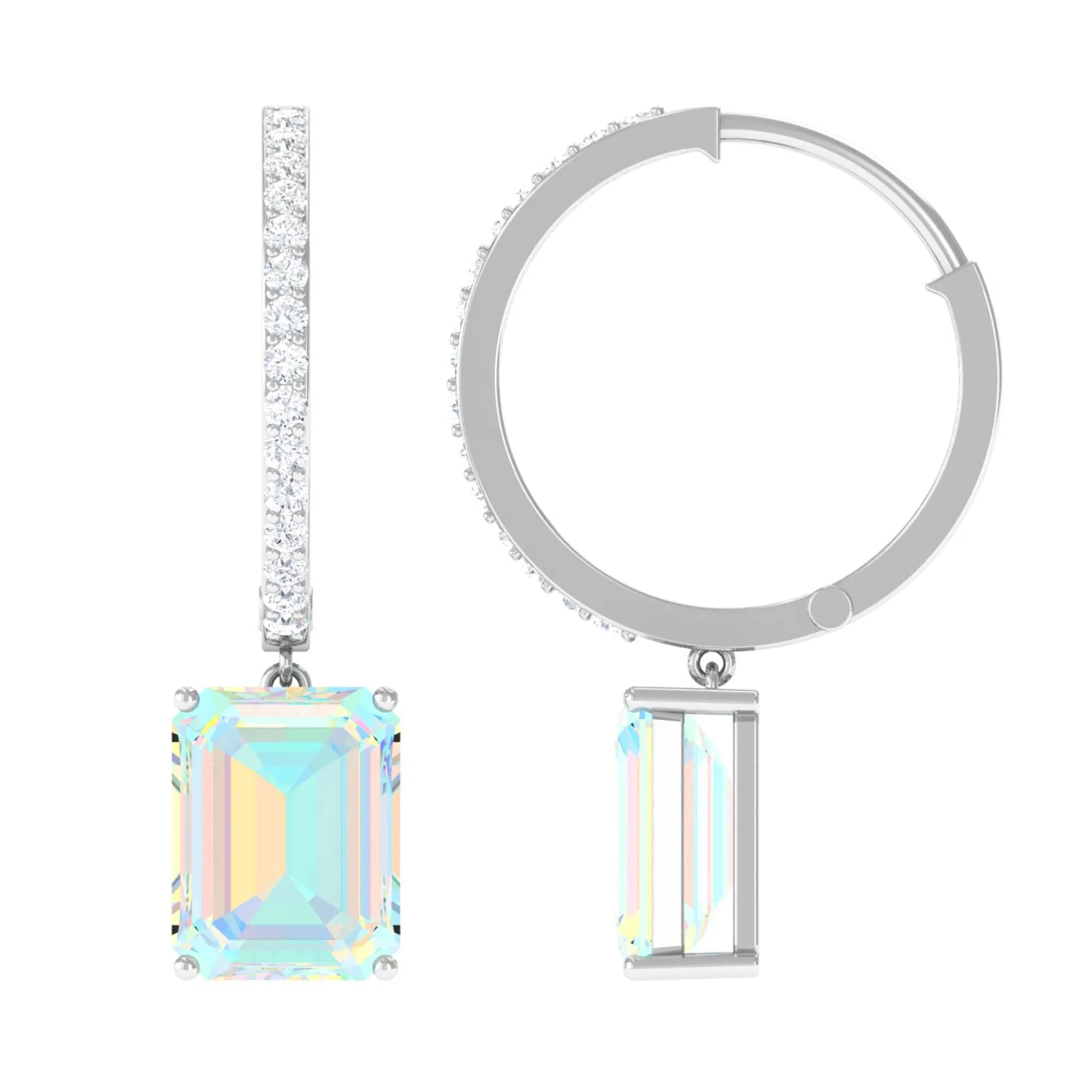 Emerald Cut Ethiopian Opal Minimal Hinged Hoop Drop Earrings with Moissanite