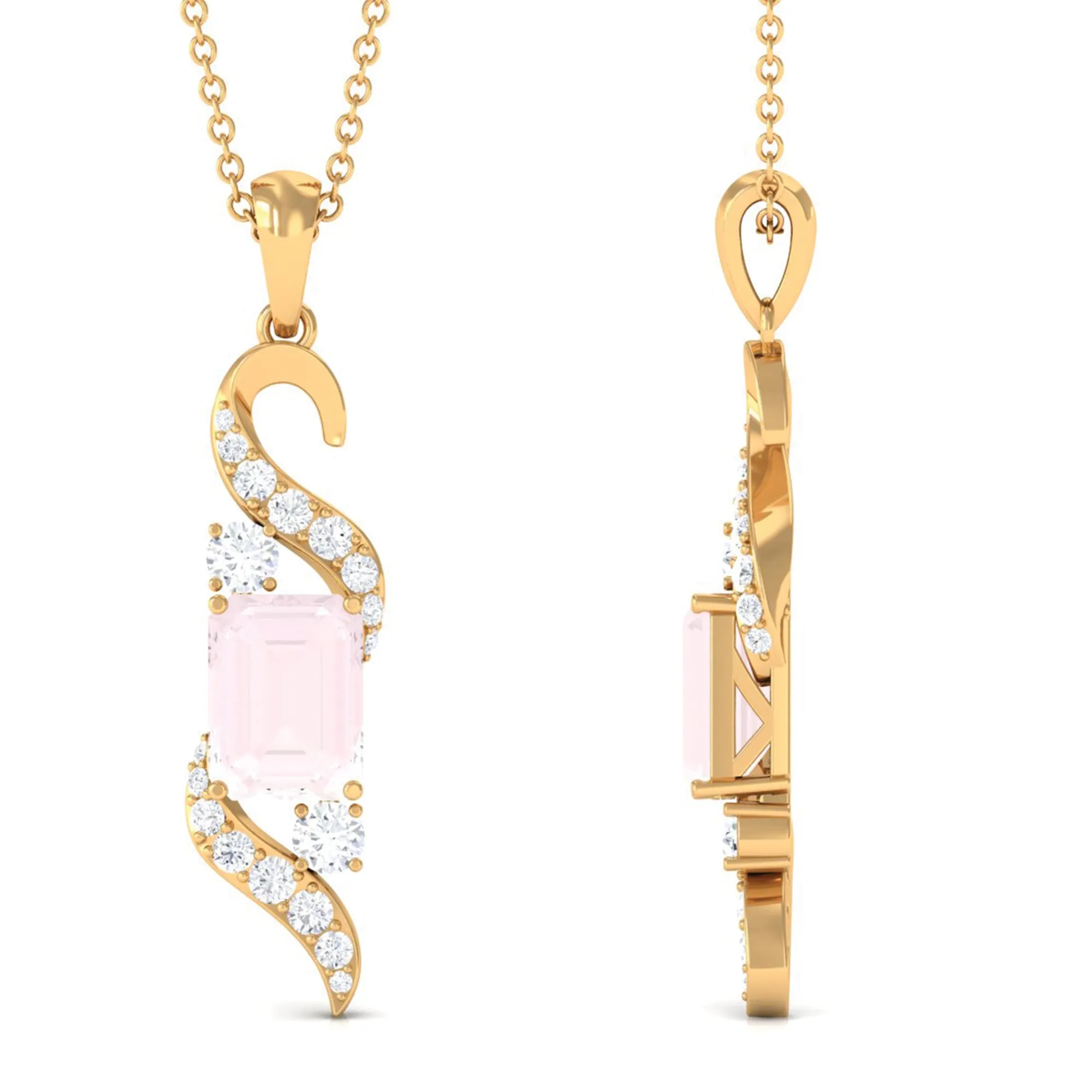 Emerald Cut Rose Quartz Drop Pendant with Diamond
