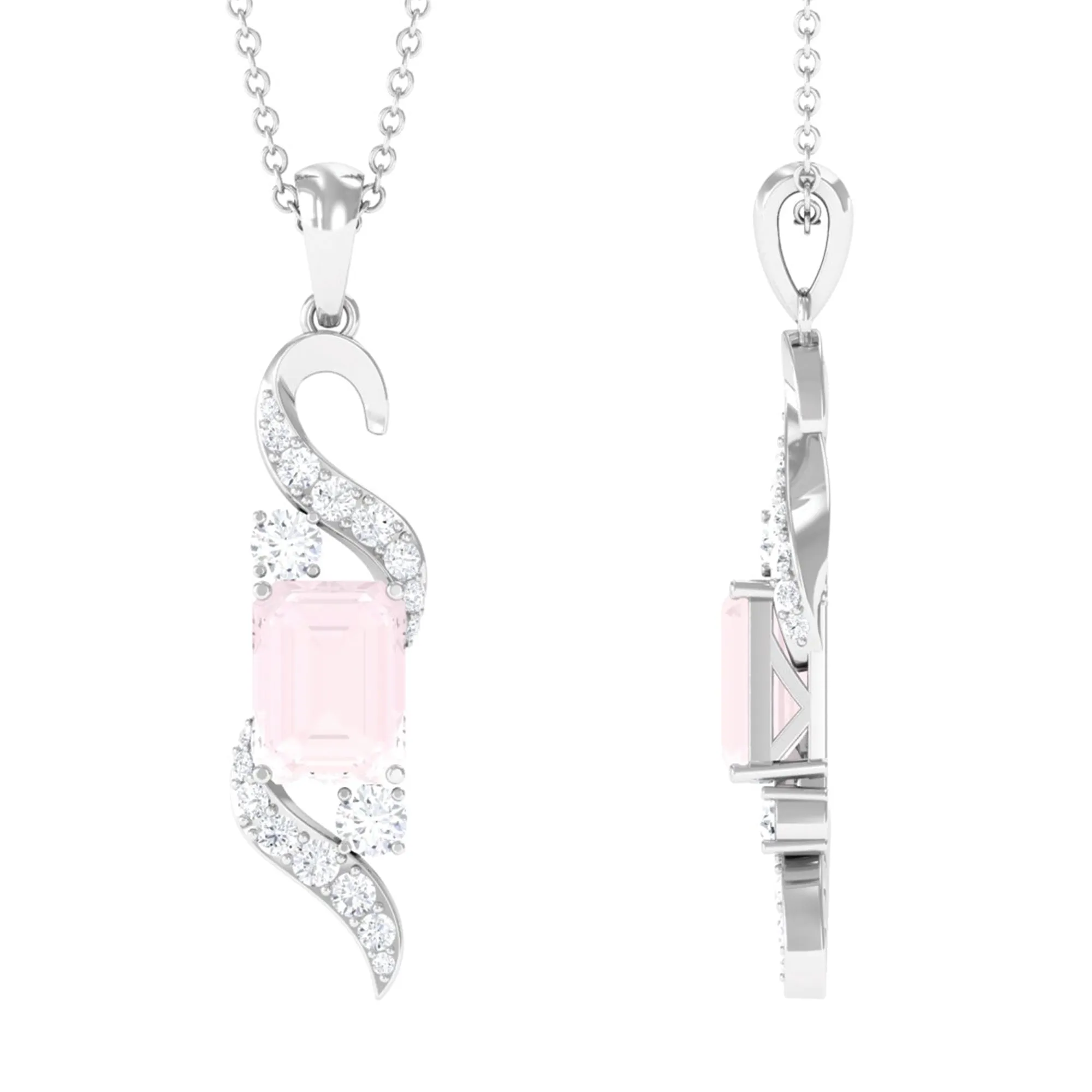 Emerald Cut Rose Quartz Drop Pendant with Diamond