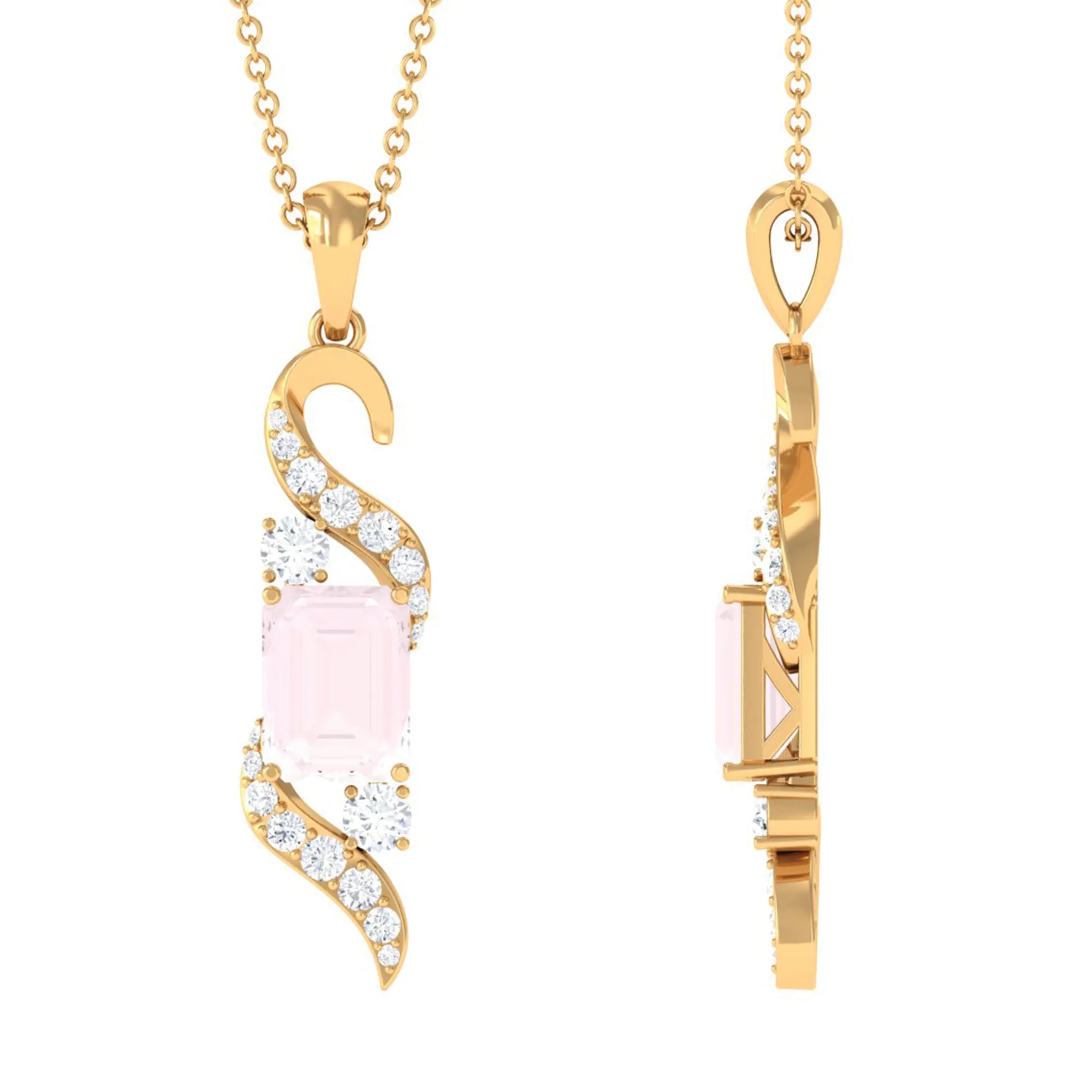 Emerald Cut Rose Quartz Drop Pendant with Diamond
